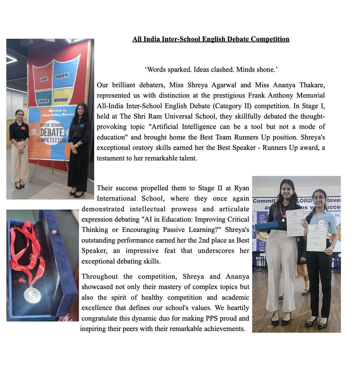 Frank Anthony Memorial All-India Inter-School English Debate Competition: Miss Shreya Agarwal - 2nd Place as Best Speaker