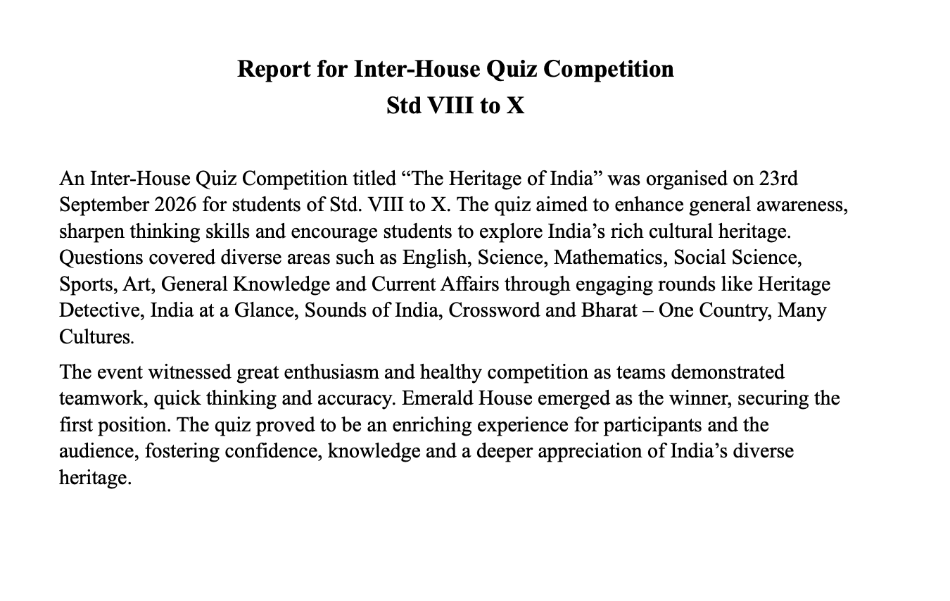 Inter-House Quiz Competition - "The Heritage of India"
