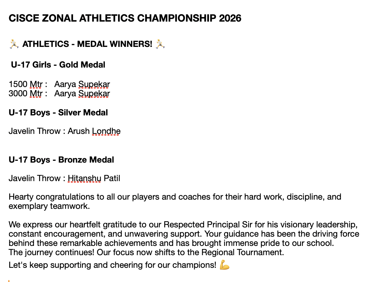 CISCE ZONAL ATHLETICS CHAMPIONSHIP 2026 -  2 Gold Medals, 1 Silver Medal and 1 Bronze Medal