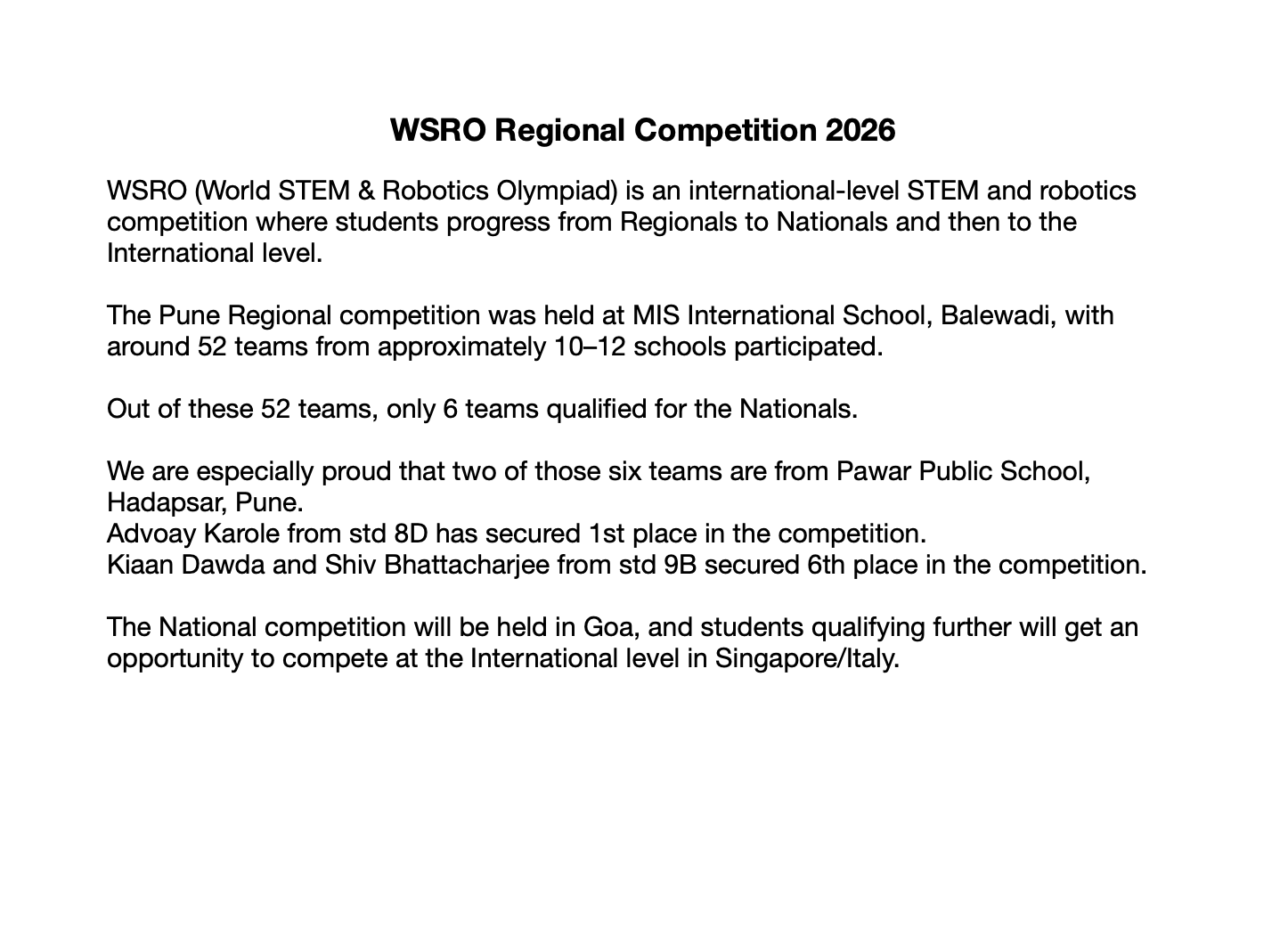 WSRO (World STEM and Robotics Olympiad) Regional Competition 2026 - Advay Karole, Shiv Bhattacharjee and Kiaan Dawda Selected for Nationals